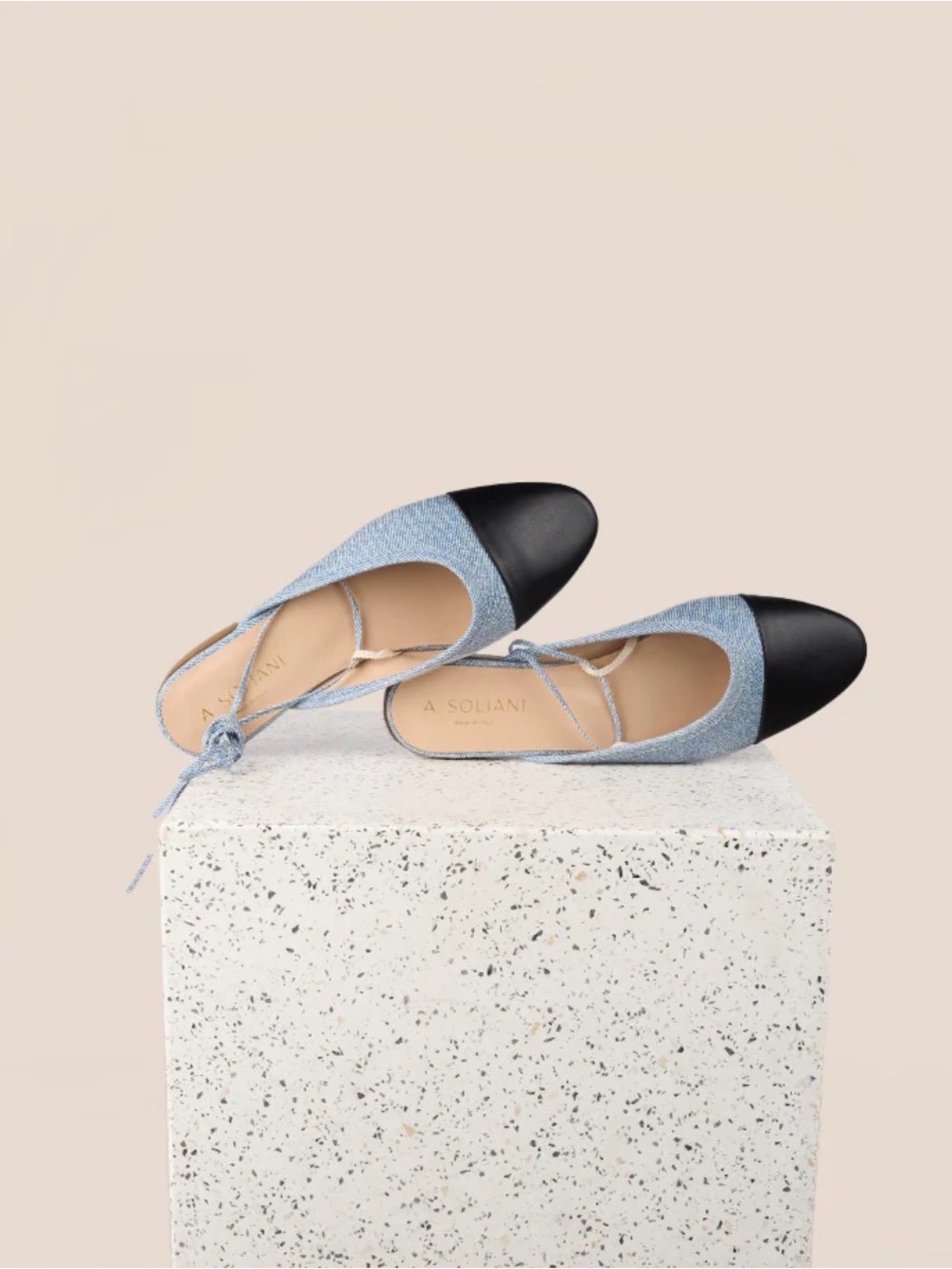 A. Soliani Como Slide denim and black captoe slides
